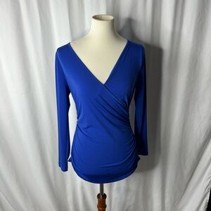 VENUS Royal Blue Surplice Wrap Long Sleeve Tie in the Back Deep C V Top – Size M